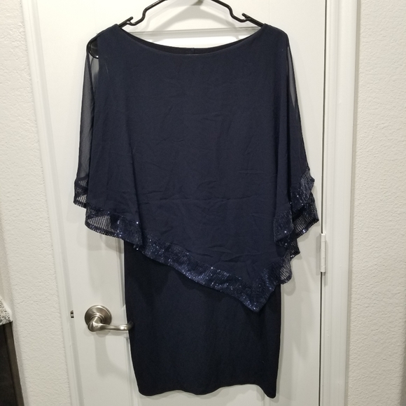 Enfocus Studio Ruffle puffs Sleeve Cover Pencil Dress Blue Sequins Lace Size 6 - Picture 2 of 13